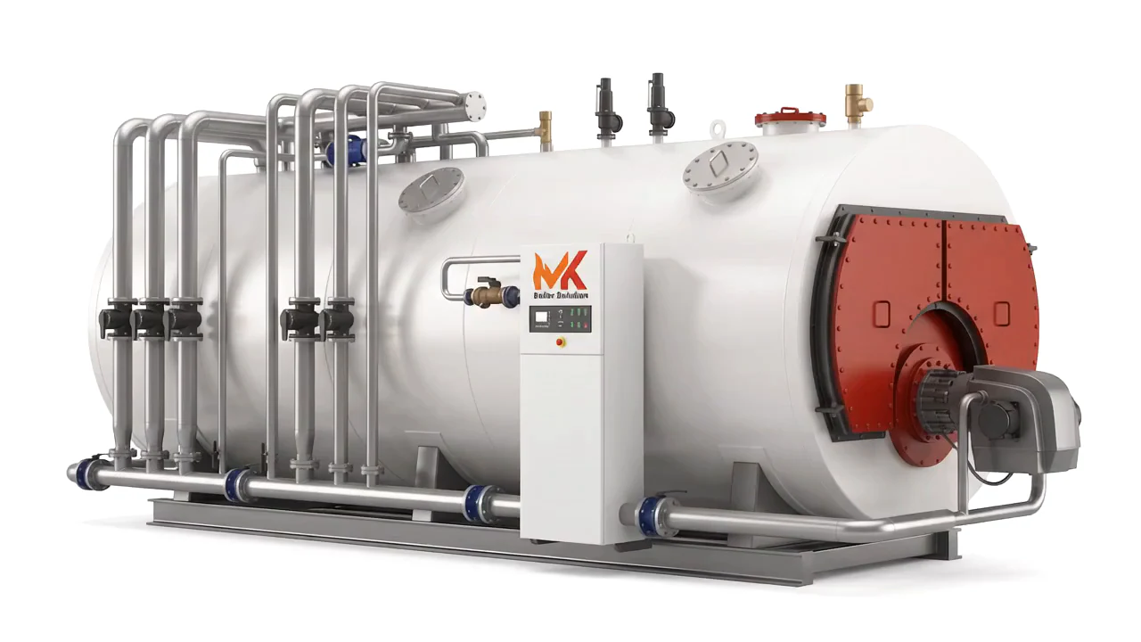 Packaged horizontal industrial steam boiler rotating to show its shell, burner, controls and access platform.